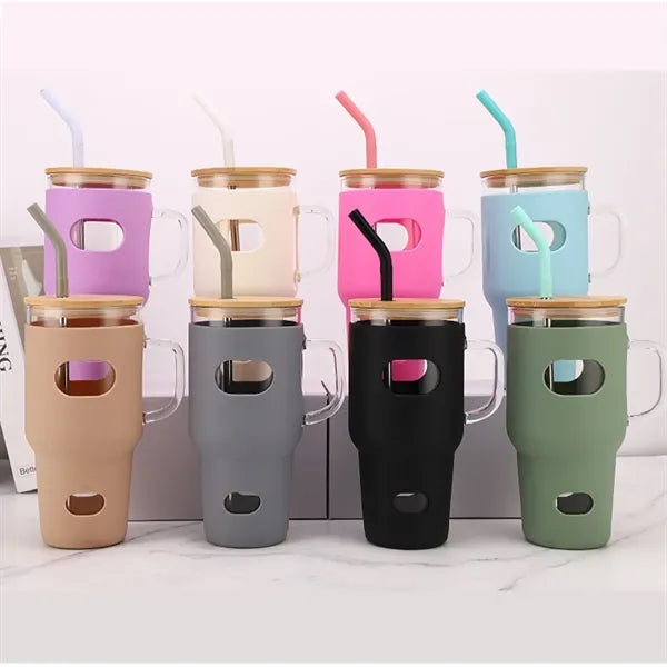 32oz Glass Straw Tumbler With Silicone Sleeve And Bamboo Lid