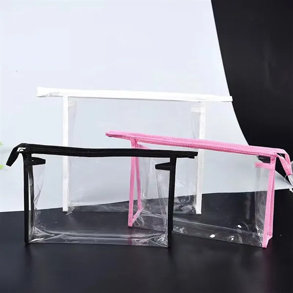Transparent PVC Cosmetic Bag With Zipper And Color Trim - Black Plastic