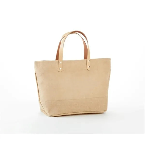 Compact Jute Tote with Leather Handles & Secure Closure