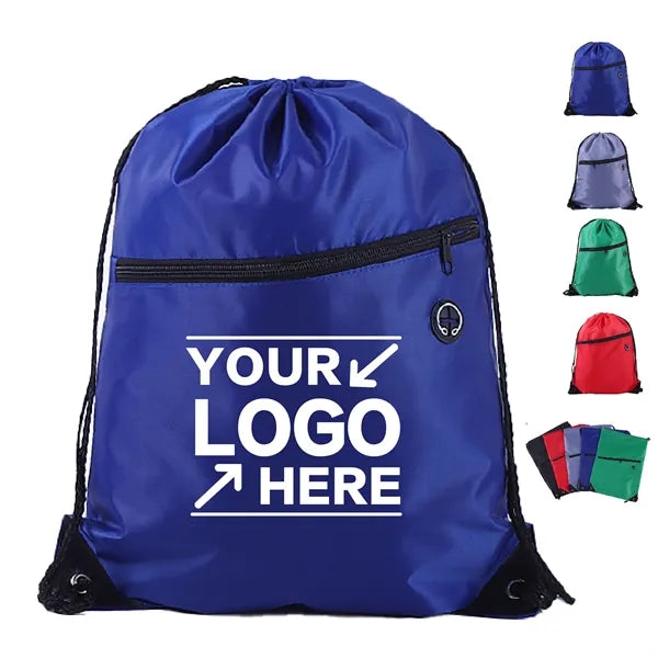 Polyester Drawstring Backpack w/ Front Zippered Compartment