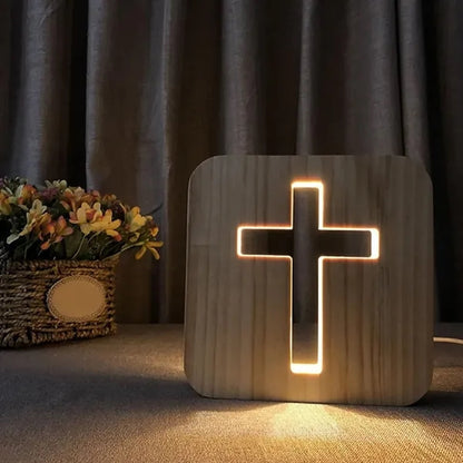 Jesus Cross Night Light Christian Home Decor Lamp Wooden