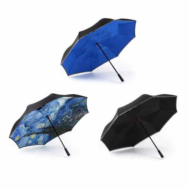 LED Handle Inverted Umbrella with Windproof Double Canopy