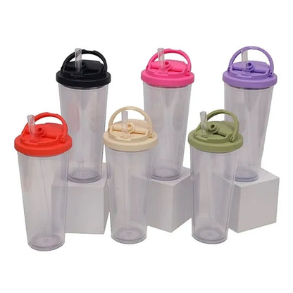 24 Oz. Portable Double Layer Plastic Straw Cups