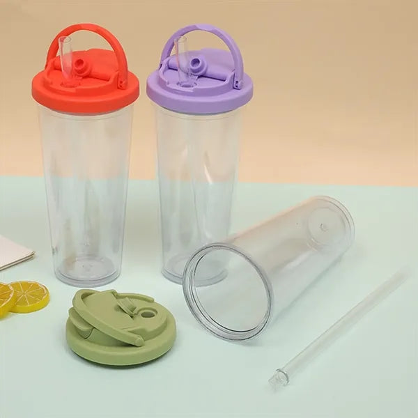 24 Oz. Portable Double Layer Plastic Straw Cups