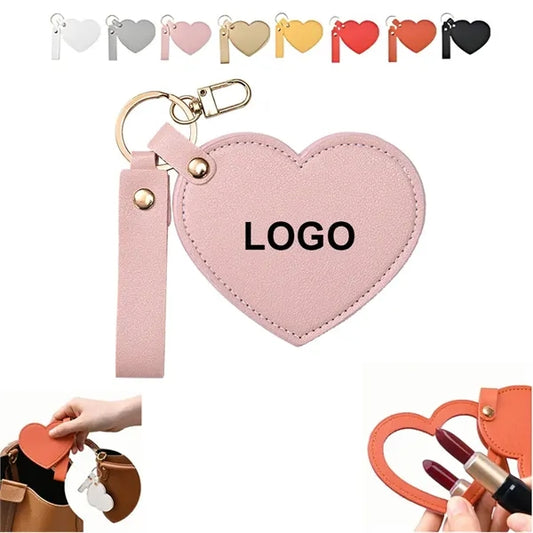 Folding PU Leather Mini Heart Mirror Key Chain 3.2 x 3.5