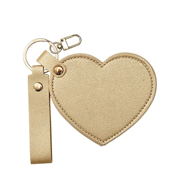 Folding PU Leather Mini Heart Mirror Key Chain 3.2 x 3.5