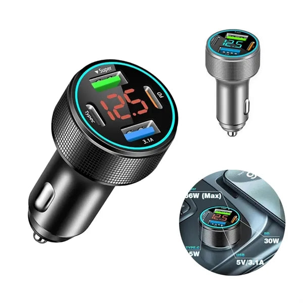 66W 4-Ports Car Charger Adapter with LED Voltmeter