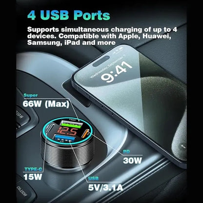 66W 4-Ports Car Charger Adapter with LED Voltmeter