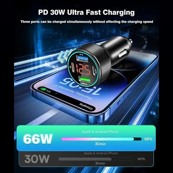 66W 4-Ports Car Charger Adapter with LED Voltmeter