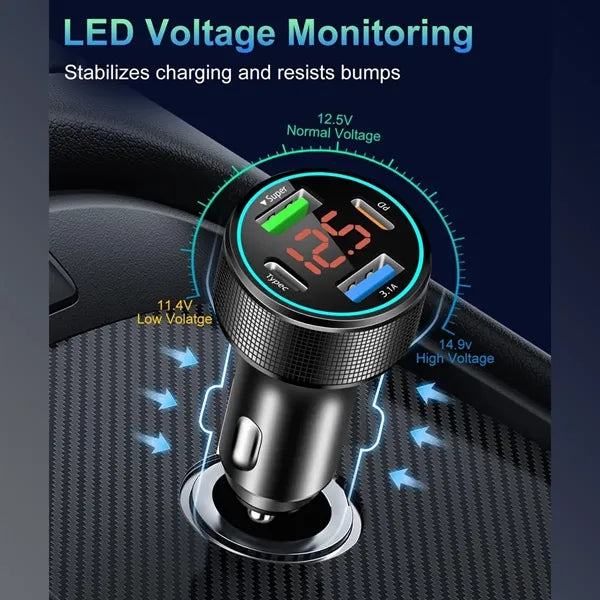 66W 4-Ports Car Charger Adapter with LED Voltmeter
