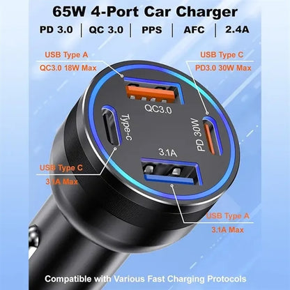 4-Port 65W PD3.0&QC3.0 Fast Car Charger Adapter