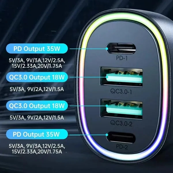 70W 4-Port PD3.0&QC3.0 Fast Car Charger Adapter