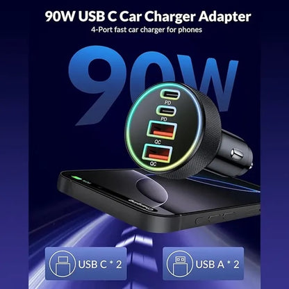 4-Port 90W Dual USB-C & USB-A Car Charger Adapter