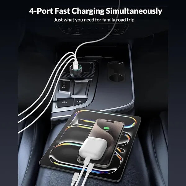 4-Port 90W Dual USB-C & USB-A Car Charger Adapter