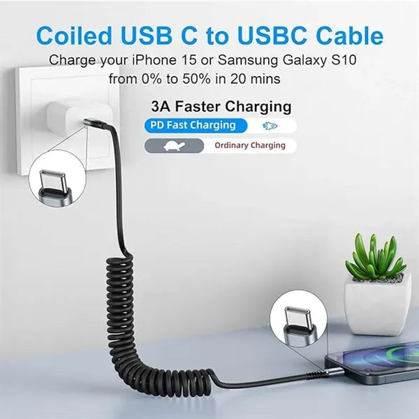 3ft Coiled USB C Fast Charger Cable for Car