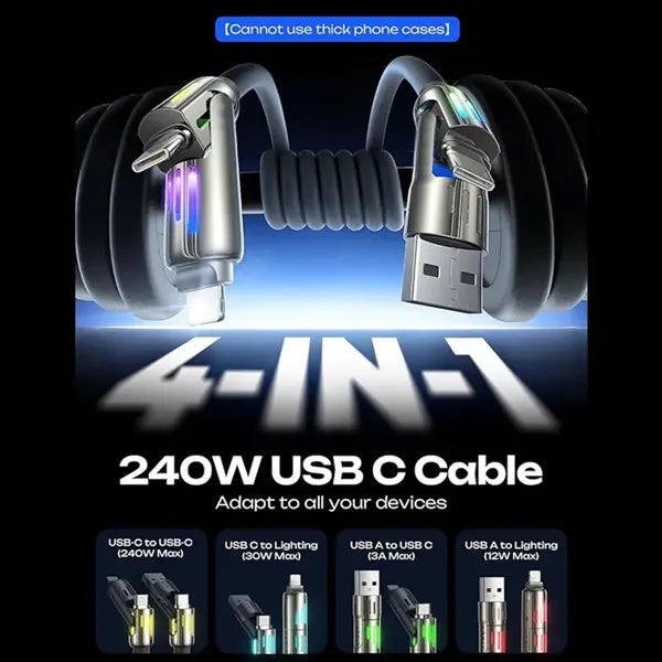 240W 6.6FT 4 in 1 Charging Cable with Light for All Devices