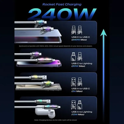 240W 6.6FT 4 in 1 Charging Cable with Light for All Devices
