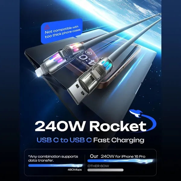 240W 6.6FT 4 in 1 Charging Cable with Light for All Devices