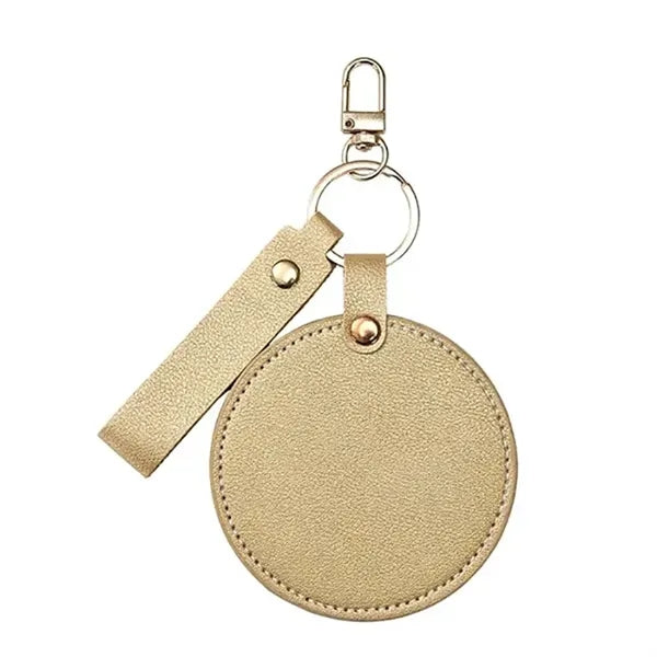 Round Folding Swivel Leather Makeup Mirror Keychain