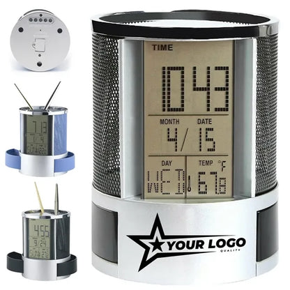 Multifunctional Digital Desk Clock with Display & Pen Holder