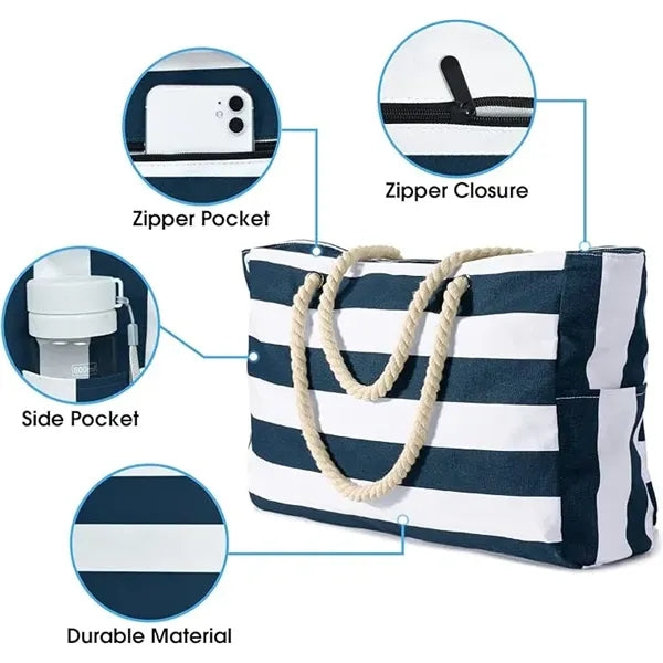 Large Striped Zipper Beach Bag