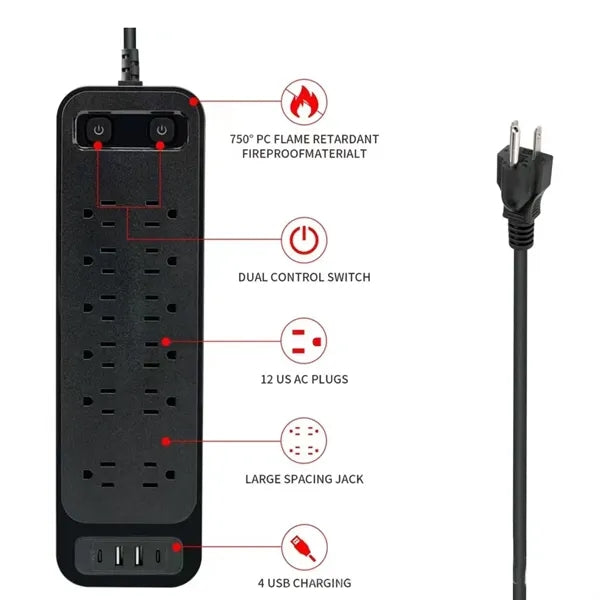 6ft Surge Protector Power Strip with 12 AC Outlet 4 USB