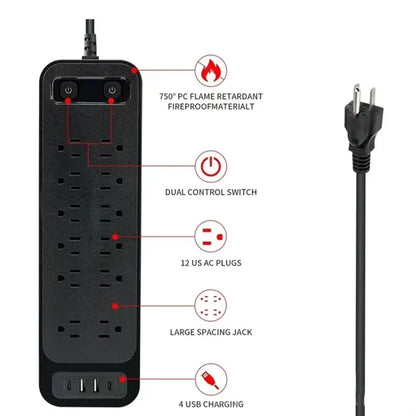 6ft Surge Protector Power Strip with 12 AC Outlet 4 USB