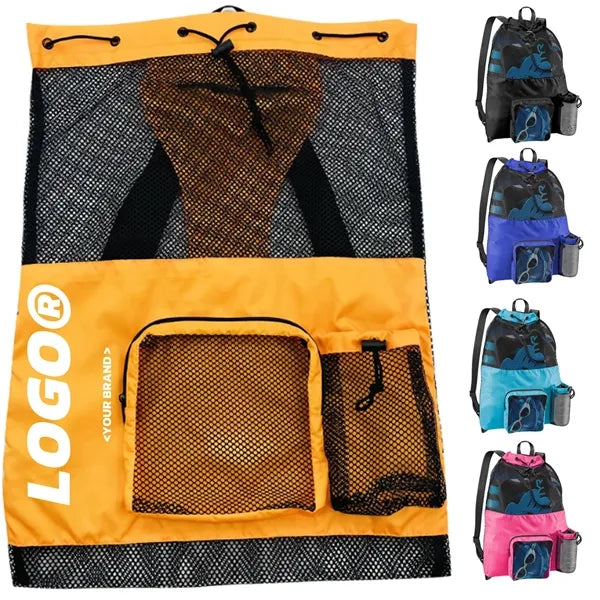 Mesh Drawstring Backpack With Front Pocket For Beach Gym