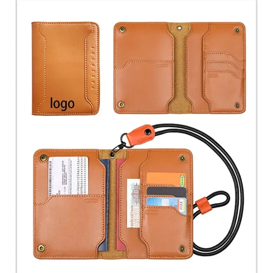 Multi-Compartment Luxury Leather Passport Wallet w/ Lanyard