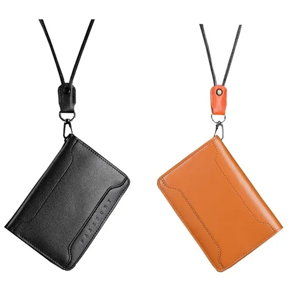 Multi-Compartment Luxury Leather Passport Wallet w/ Lanyard