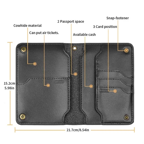 Multi-Compartment Luxury Leather Passport Wallet w/ Lanyard