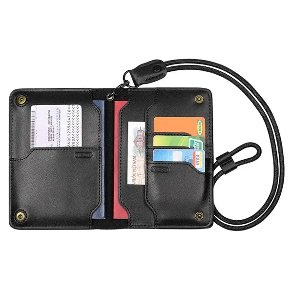 Multi-Compartment Luxury Leather Passport Wallet w/ Lanyard