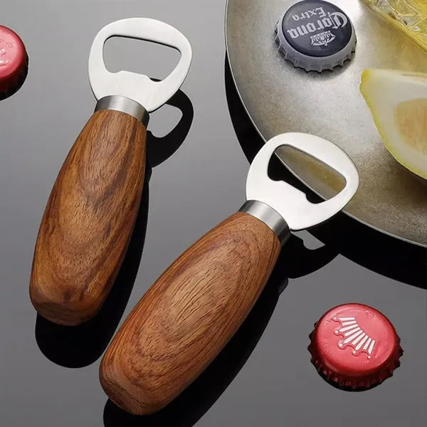 Compact Wooden Handle Bottle Opener Stainless Steel Head