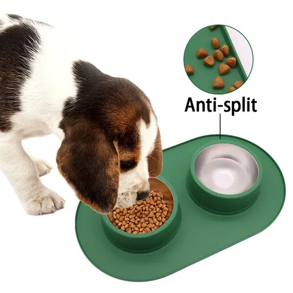 Waterproof Pet Feeding Mat with Stainless Steel Bowl