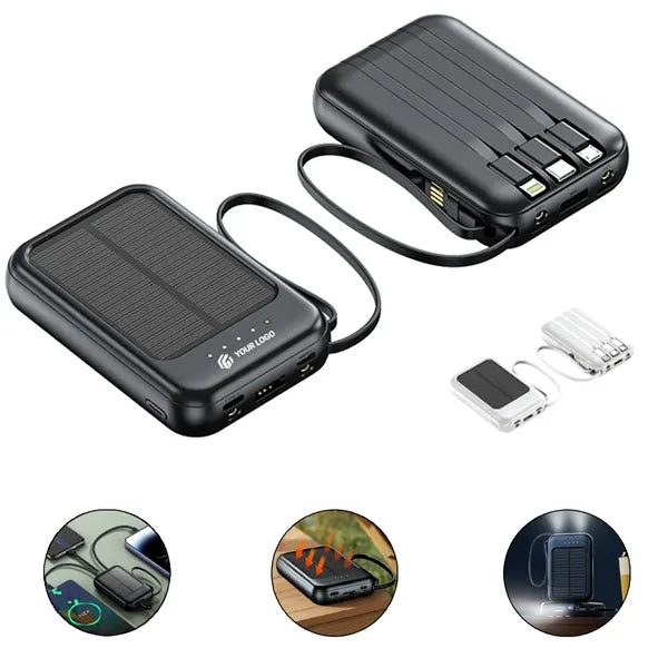20000 mAh mini solar powered power bank with built-in cable