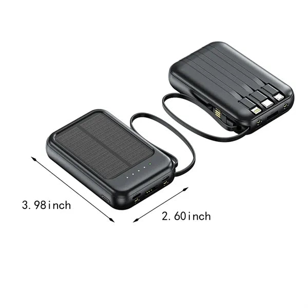 20000 mAh mini solar powered power bank with built-in cable