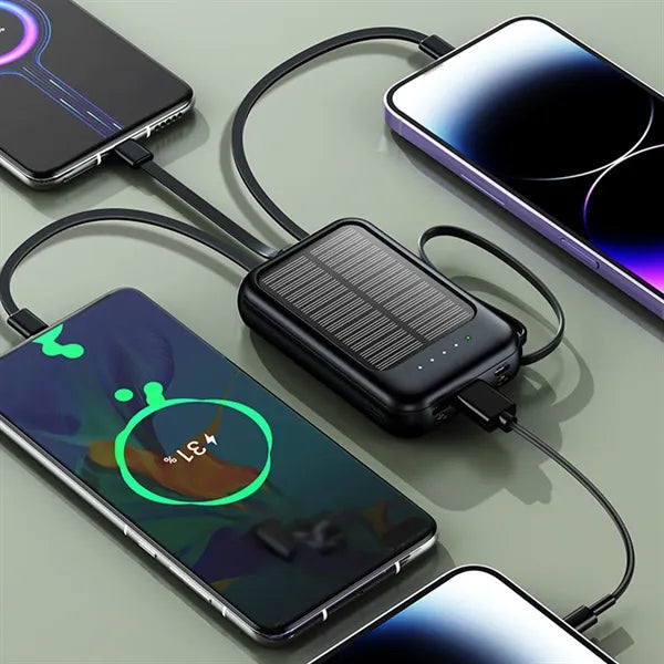 20000 mAh mini solar powered power bank with built-in cable