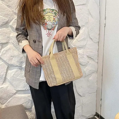 Women beach vacation large top handle straw handbag tote