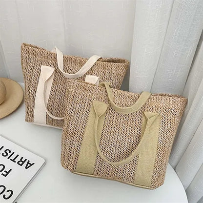 Women beach vacation large top handle straw handbag tote