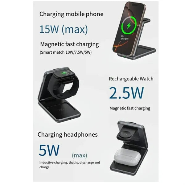 Portable Metallic Foldable 3 in 1 Wireless Charging Station