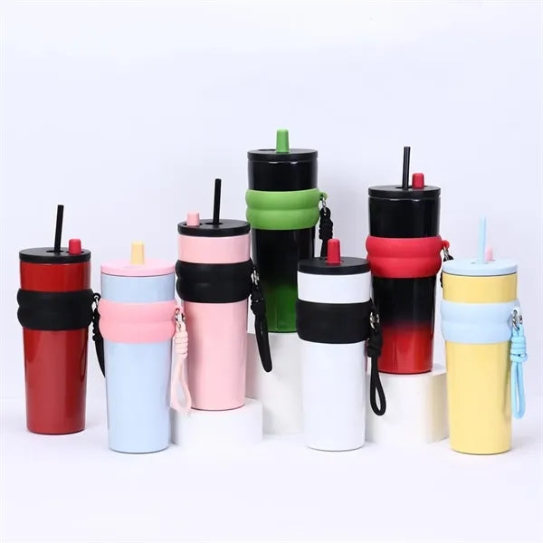 Stainless Steel Vacuum Insulated Bottle with Straw & Strap