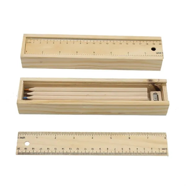 12- Piece Colored Pencil Set In Wooden Ruler Box