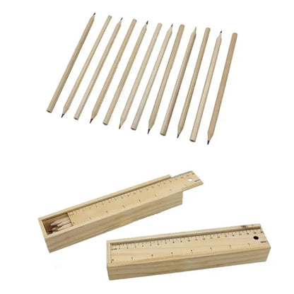12- Piece Colored Pencil Set In Wooden Ruler Box