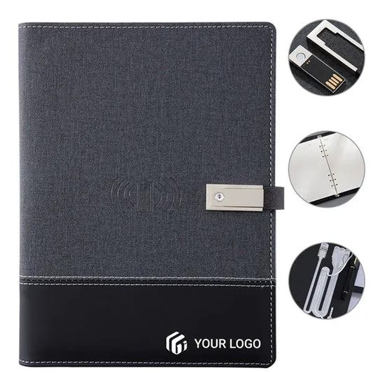 Wireless charging loose-leaf notebook with usb flash drive