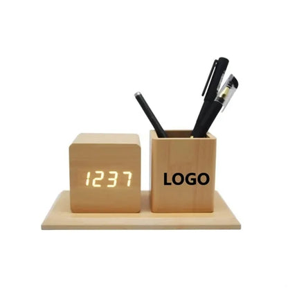 Wooden Multifunctional Pen Holder Alarm Clock