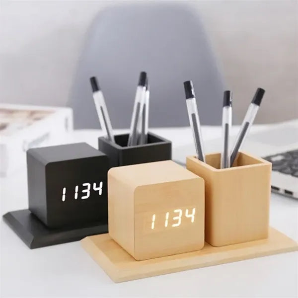 Wooden Multifunctional Pen Holder Alarm Clock