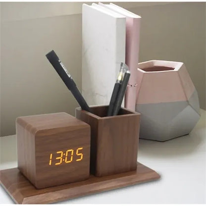Wooden Multifunctional Pen Holder Alarm Clock