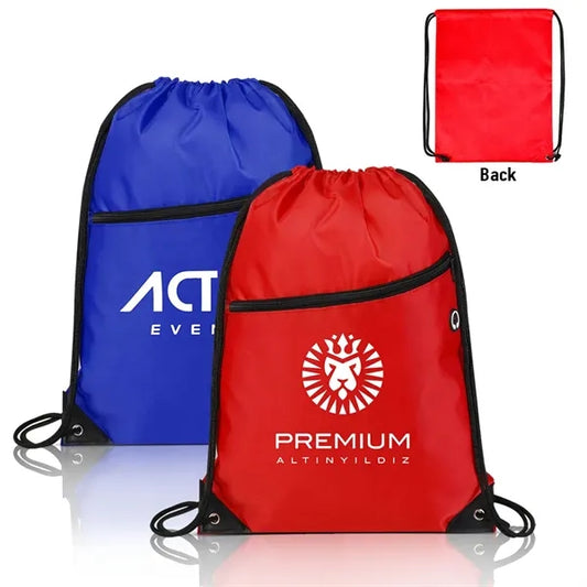 Durable 420D Drawstring Backpack with Zippered Front Pocket