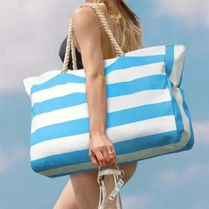 Striped Canvas Beach Tote Bag with Rope Handles