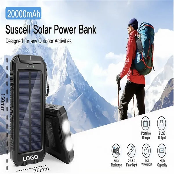 Solar Power Bank 20000mAh Fast Charge IP65 Waterproof 3Mode